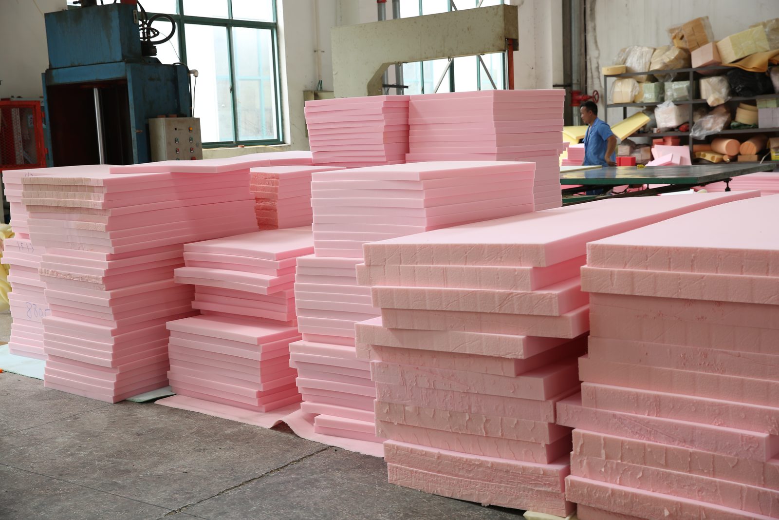Pink foam sheets in workshop